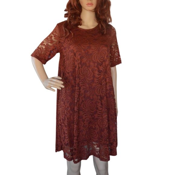 Sharagano Womens Cinnamon Red Floral Lace A Line Dress Size 6 Lined Fall Spring - Picture 2 of 9